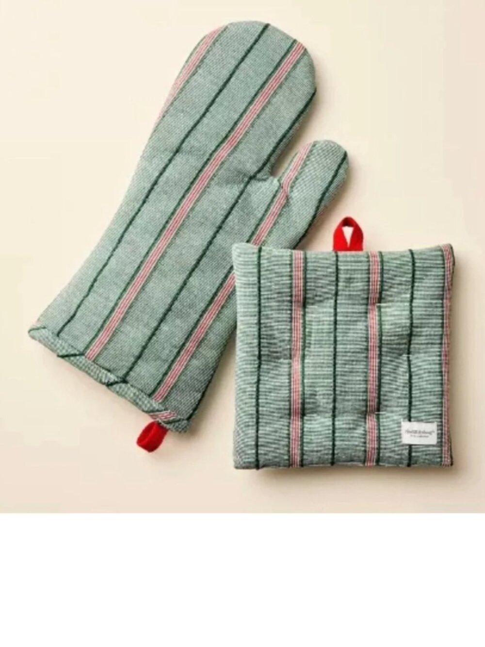 HEARTH & HAND Stripe Oven Mitt Set Green Red 2 Piece Set